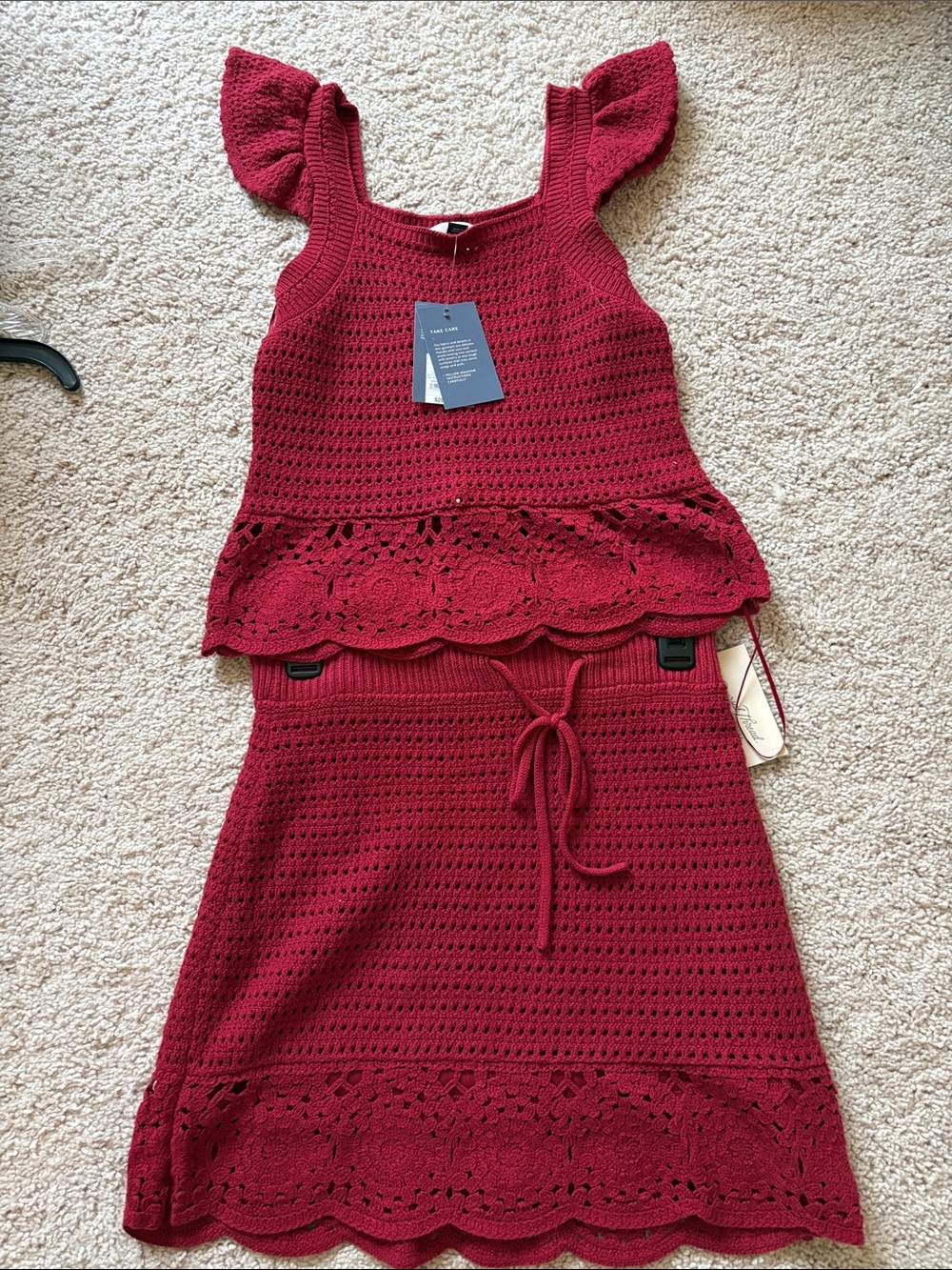 Women's Crochet Knit Two-Piece Dress Set in Deep Red